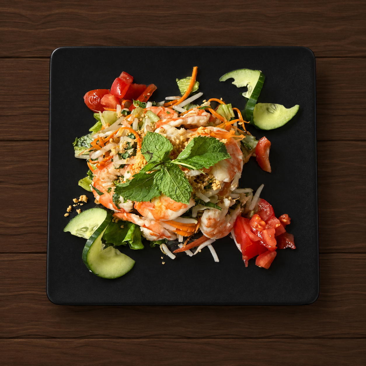 Salade vietnamienne aux crevettes, crudités et menthe fraîche